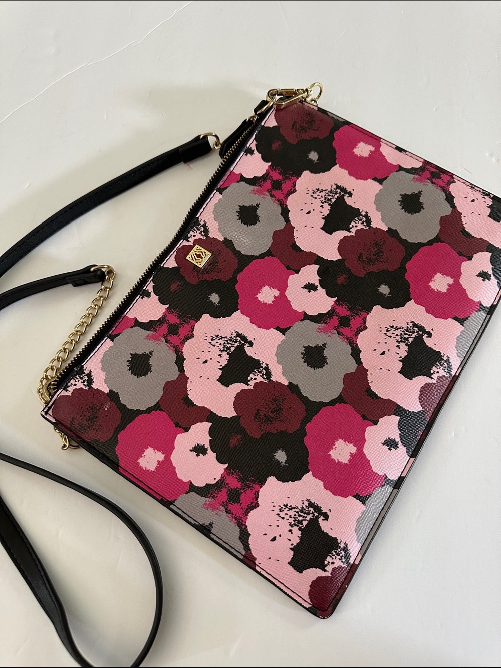 Women’s Kate Landry Floral Print Padded Crossbody Bag in Pink & Gray